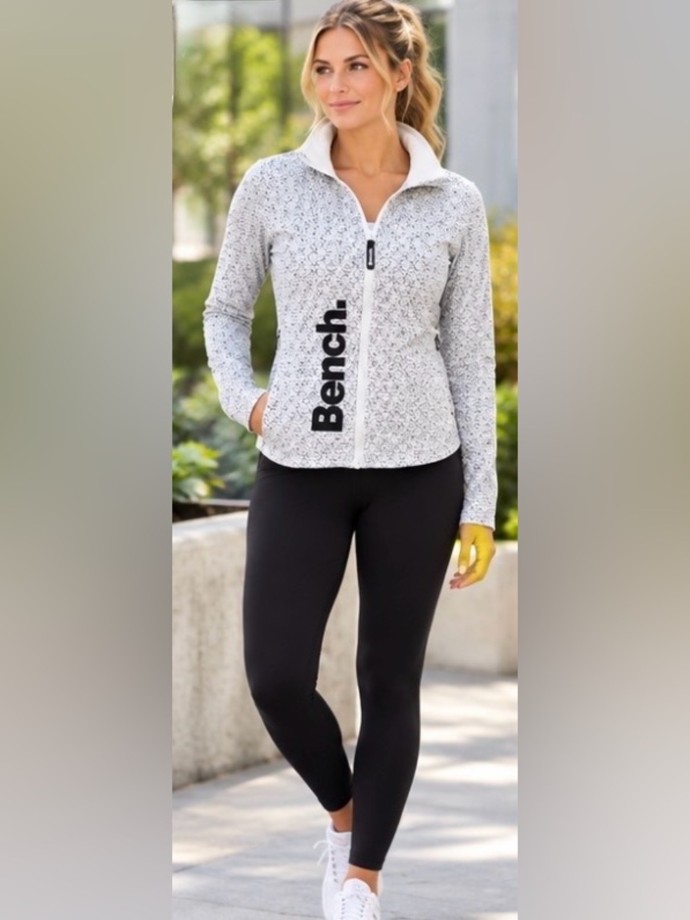 Bench UK Womens Geometric Star Print Full Zip Track Jacket White & Black Medium